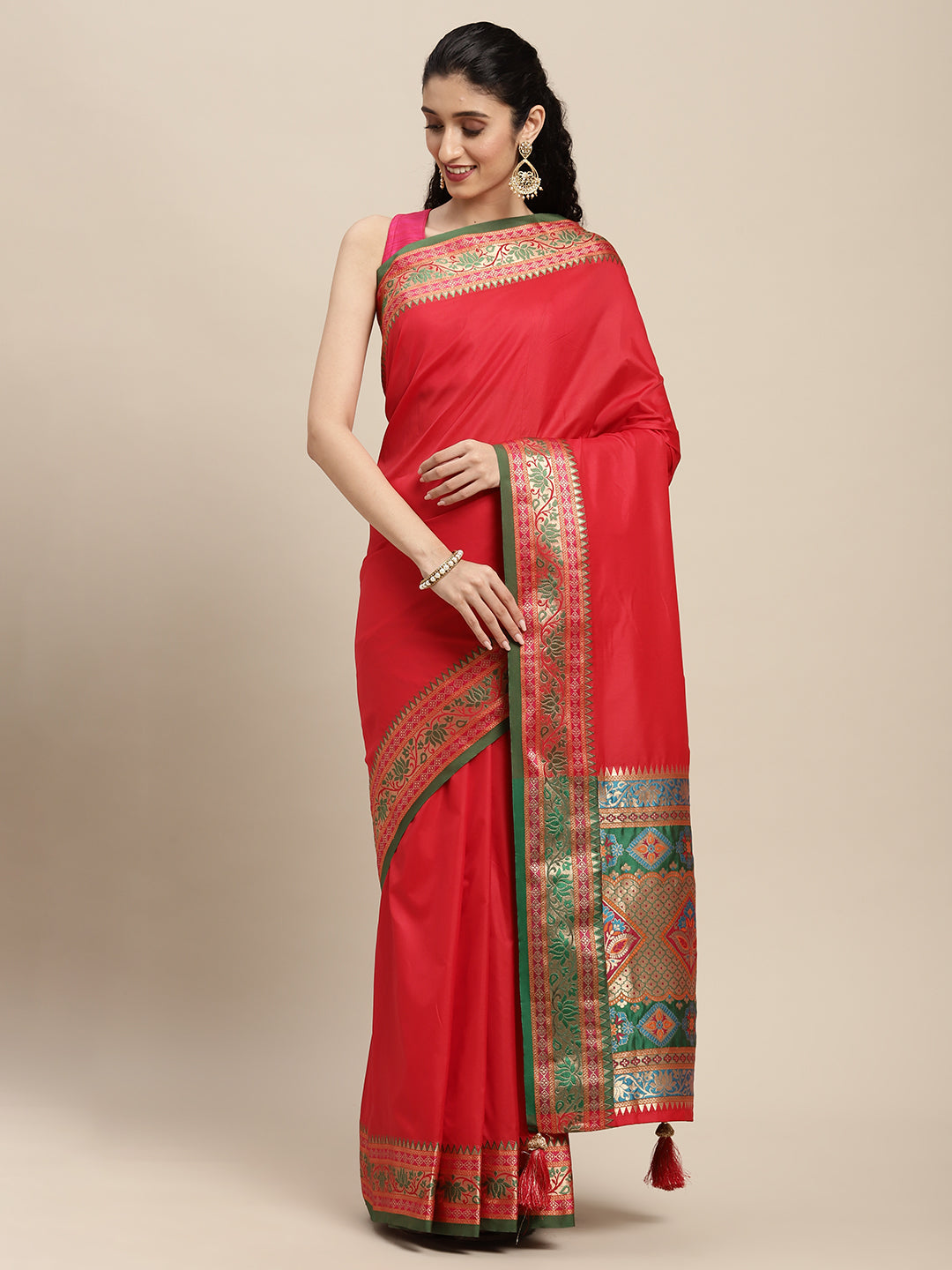 Traditional Woven Banarasi Silk Saree with Rich Designer Border & Grand Pallu-red