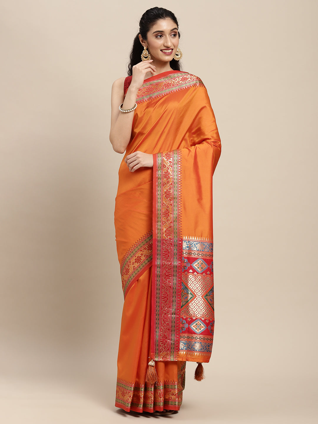 Traditional Woven Banarasi Silk Saree with Rich Designer Border & Grand Pallu-orange