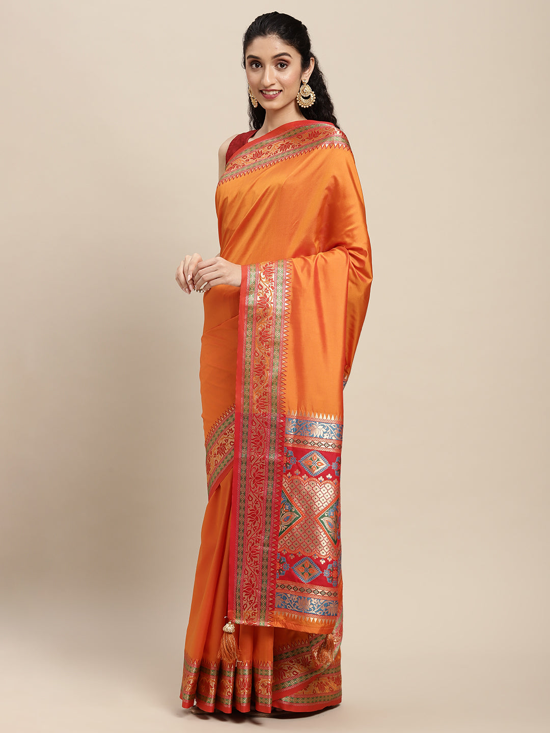 Traditional Woven Banarasi Silk Saree with Rich Designer Border & Grand Pallu-orange