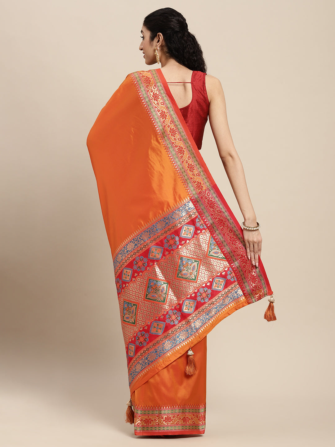 Traditional Woven Banarasi Silk Saree with Rich Designer Border & Grand Pallu-orange