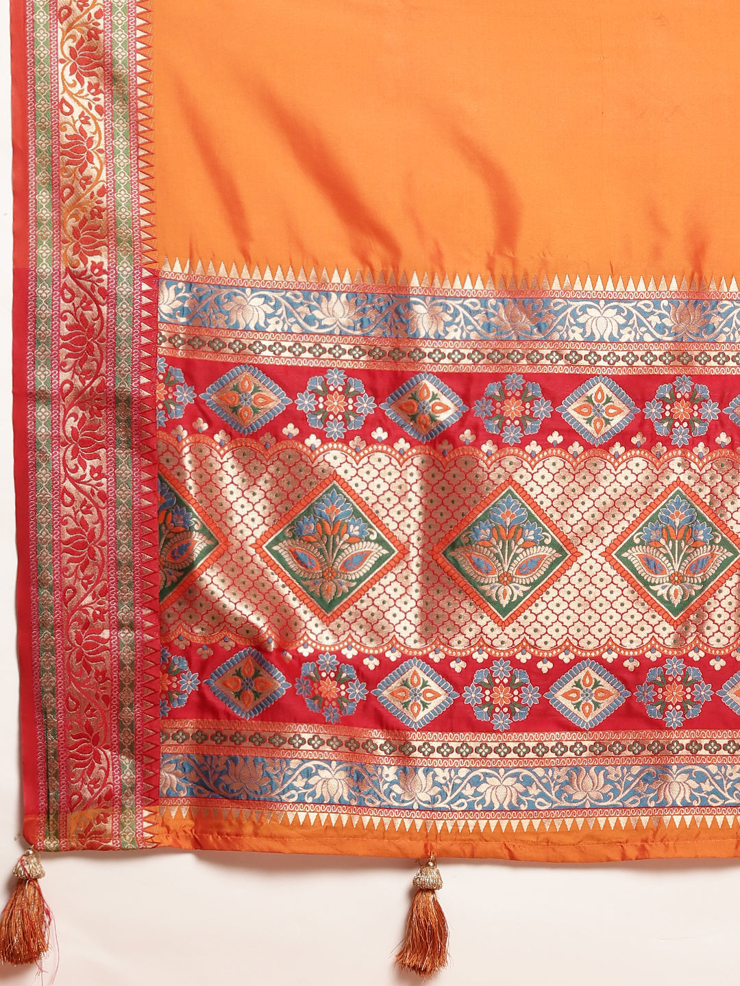 Traditional Woven Banarasi Silk Saree with Rich Designer Border & Grand Pallu-orange