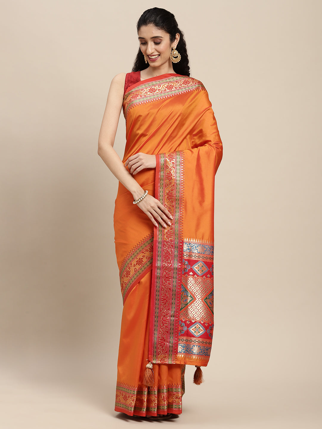 Traditional Woven Banarasi Silk Saree with Rich Designer Border & Grand Pallu-orange