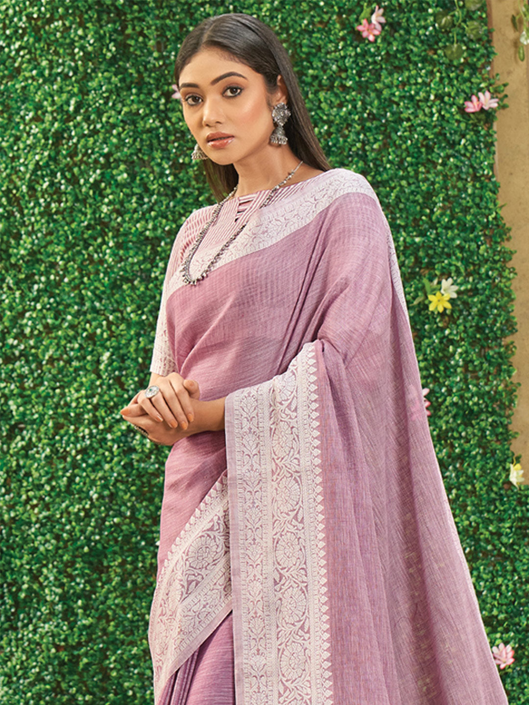 Onion pink woven linen saree with blouse piece