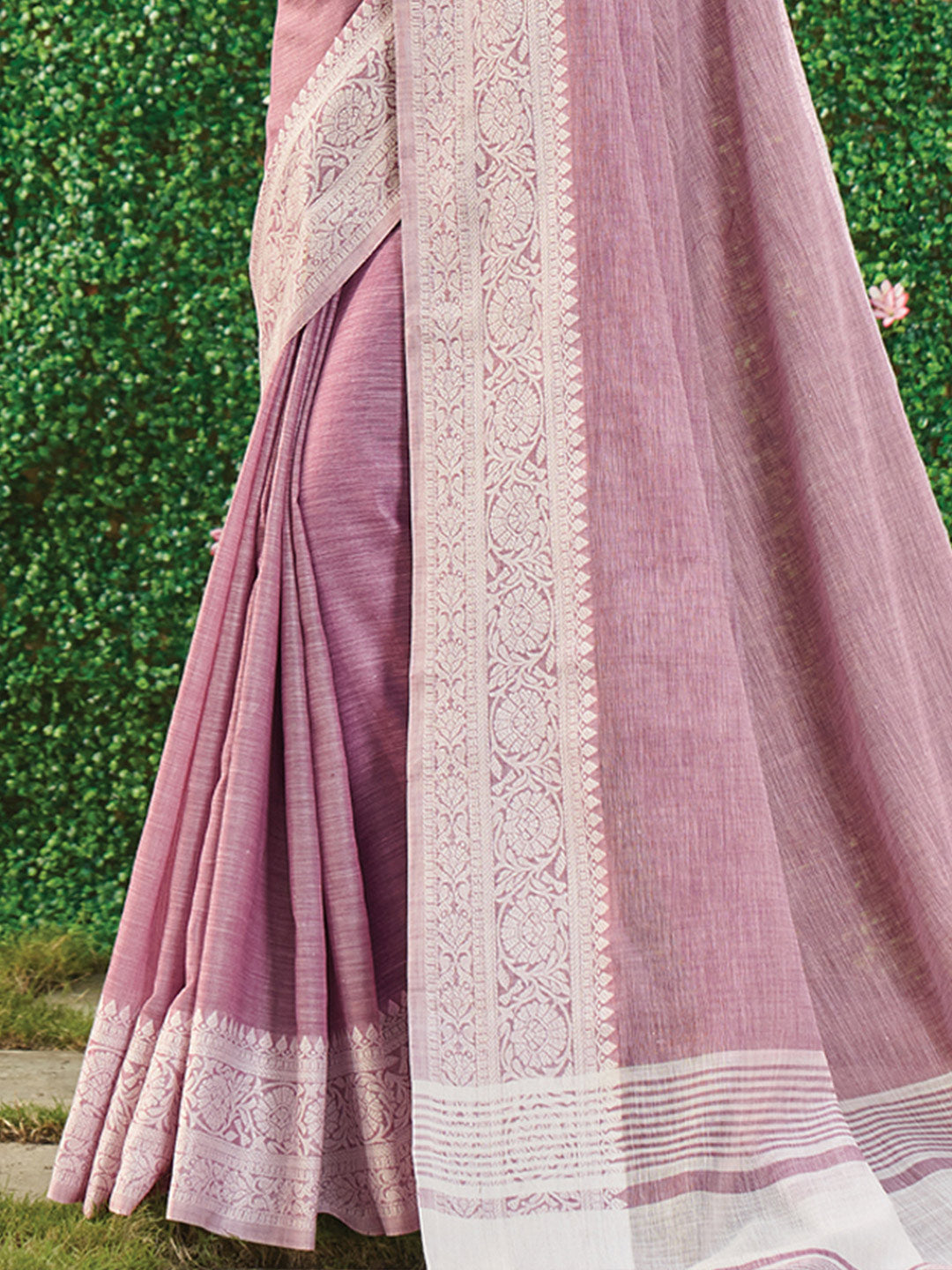 Onion pink woven linen saree with blouse piece