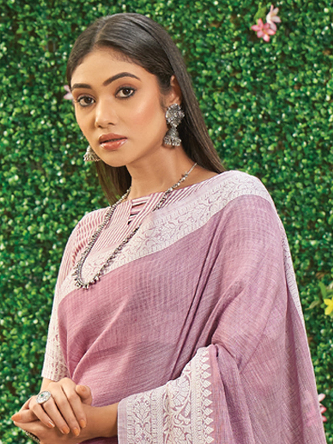 Onion pink woven linen saree with blouse piece