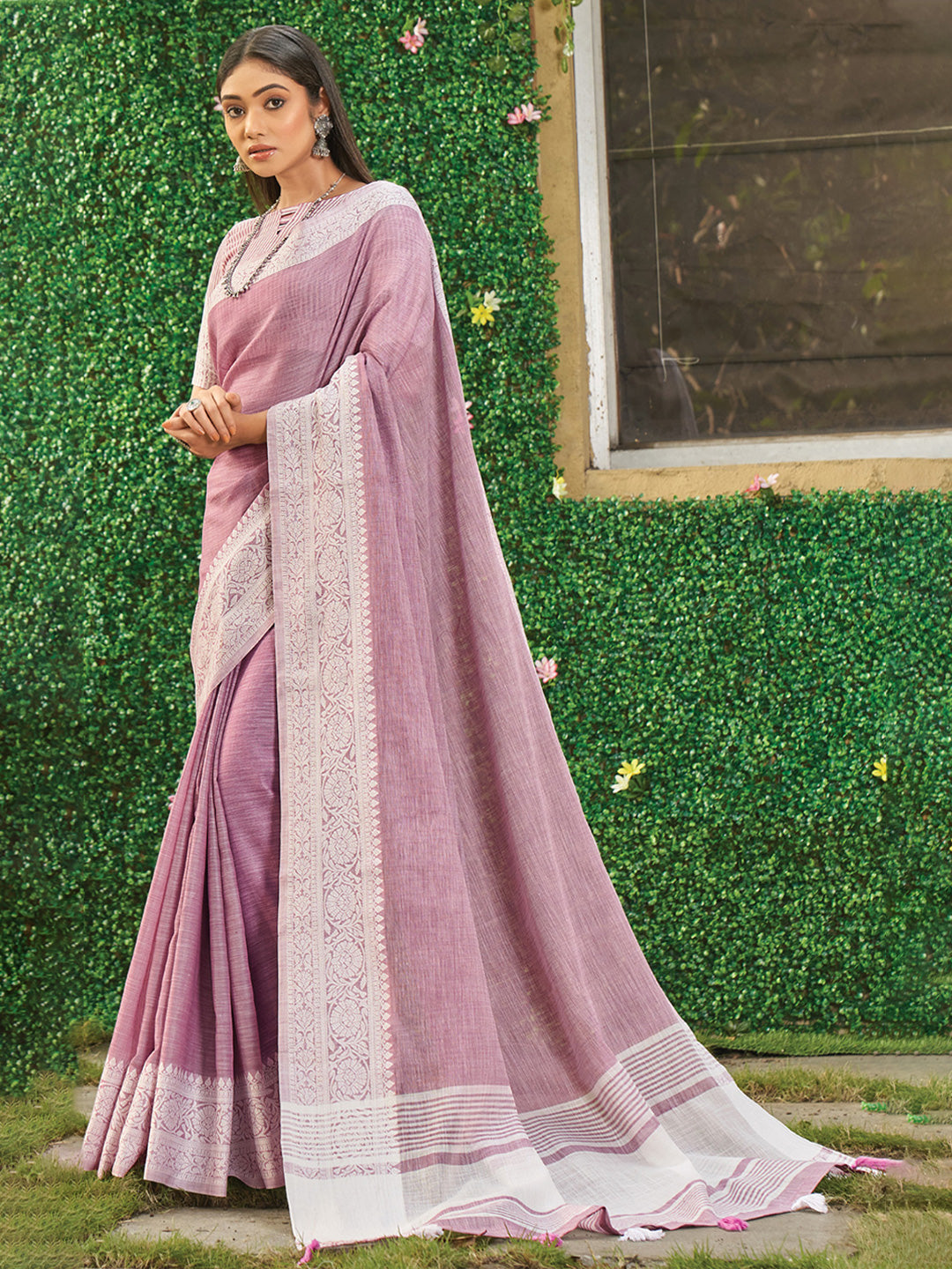 Onion pink woven linen saree with blouse piece