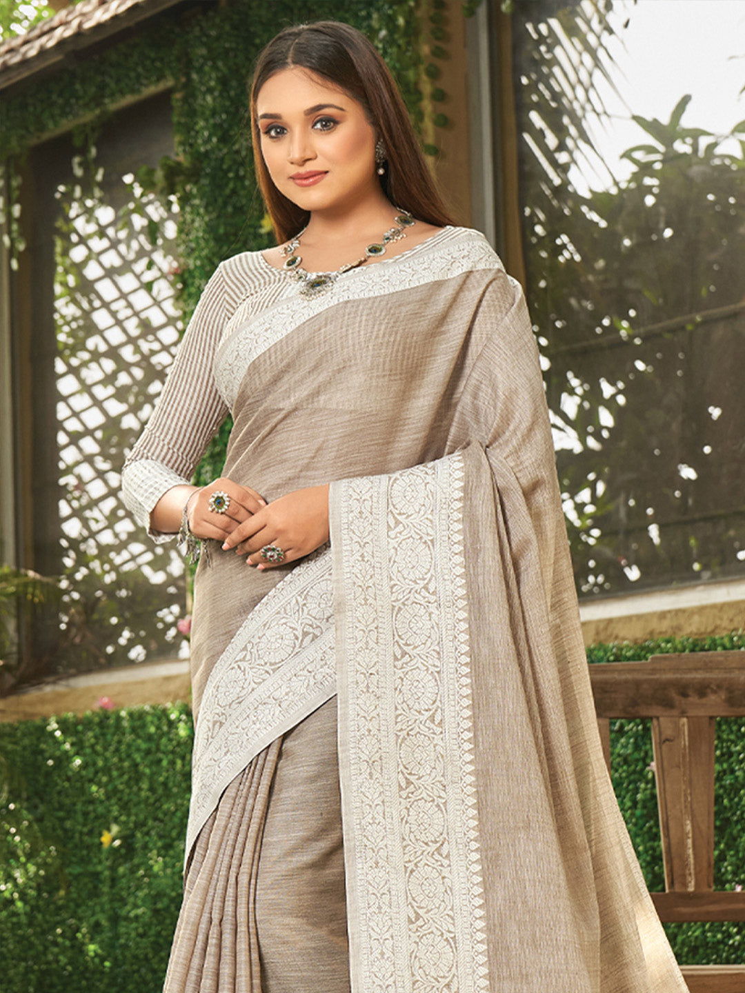 Light Brown woven linen saree with blouse piece