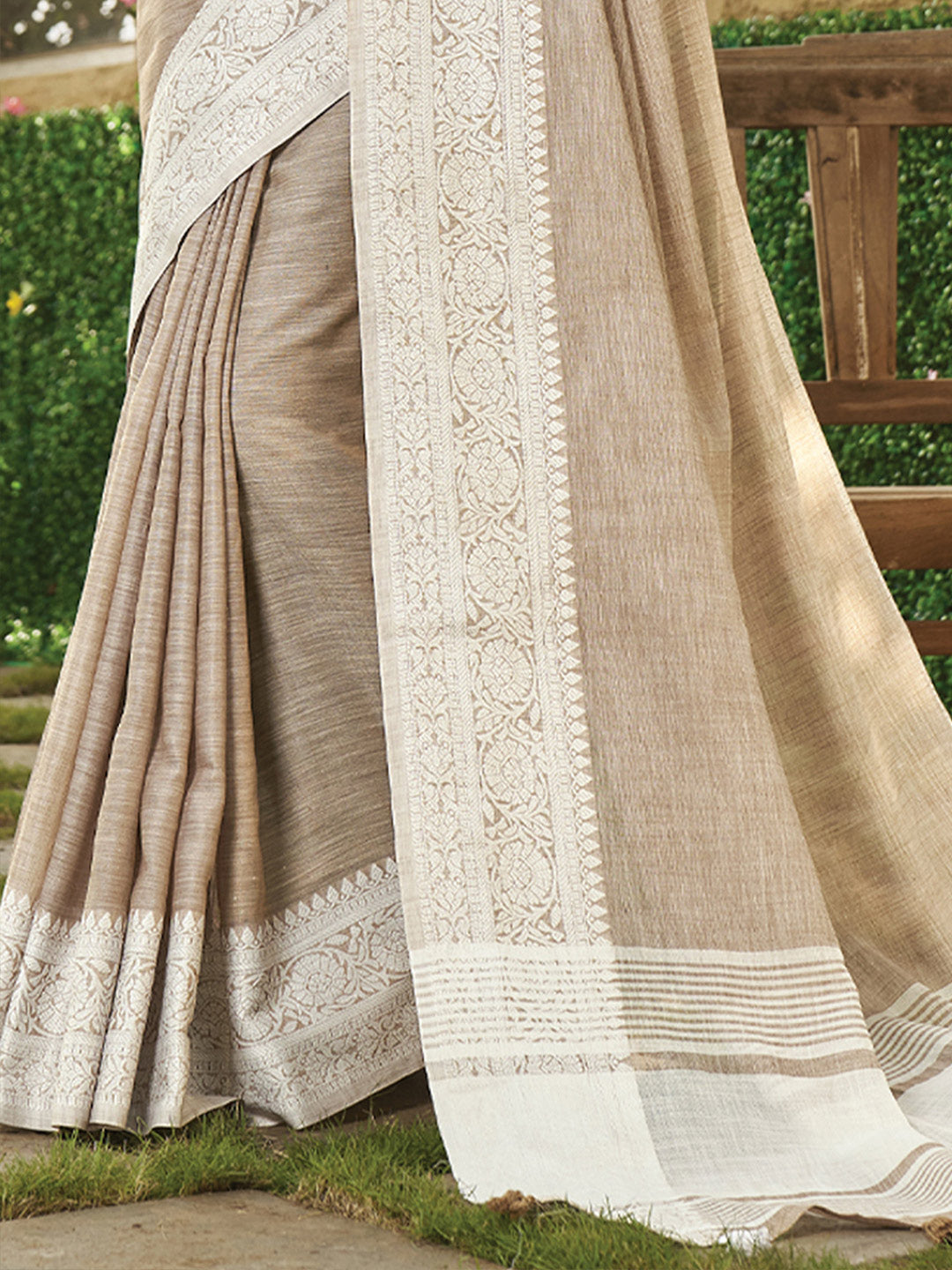 Light Brown woven linen saree with blouse piece