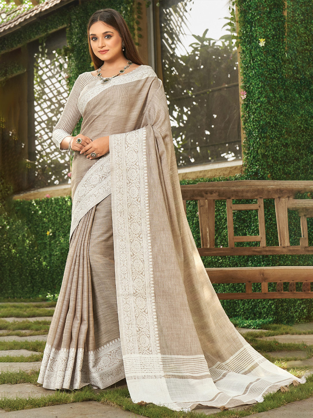 Light Brown woven linen saree with blouse piece
