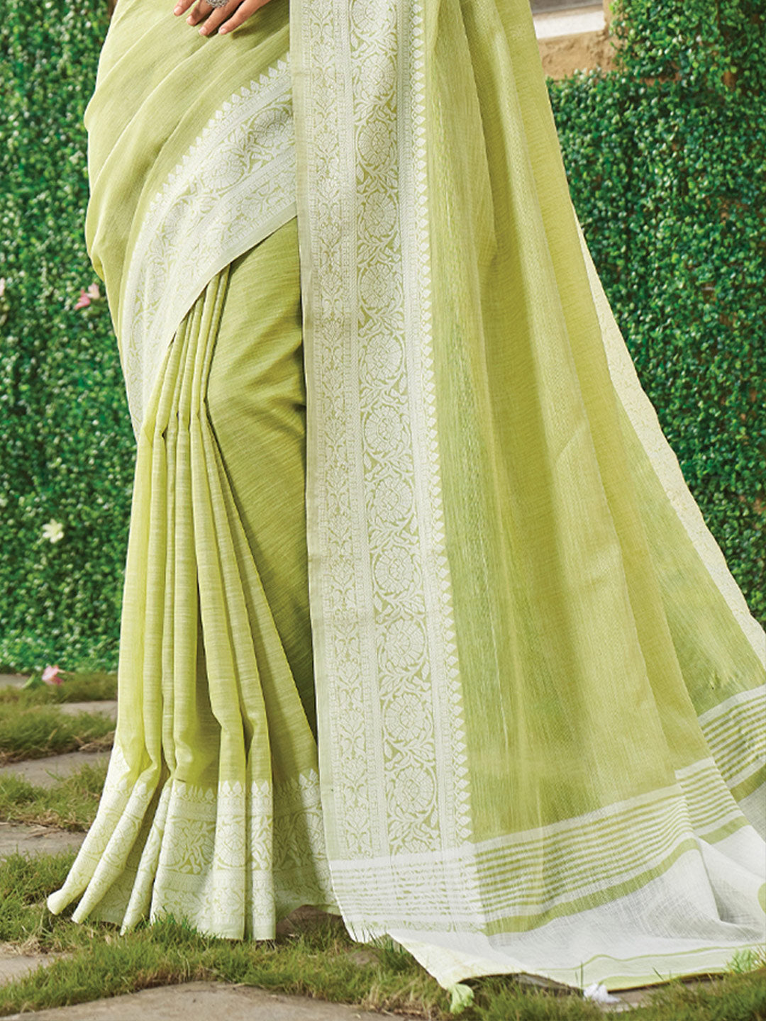 Lime Green woven linen saree with blouse piece
