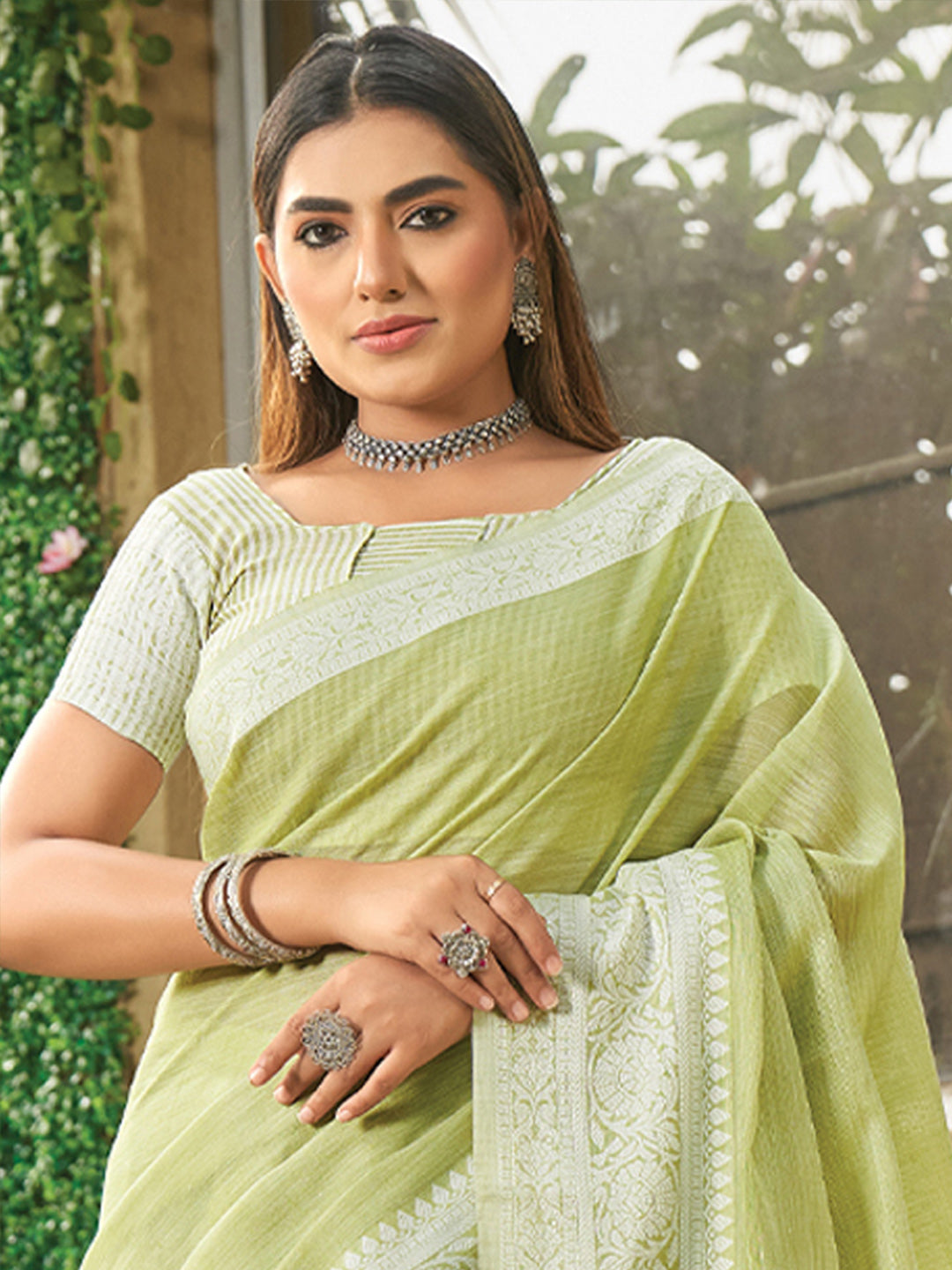 Lime Green woven linen saree with blouse piece