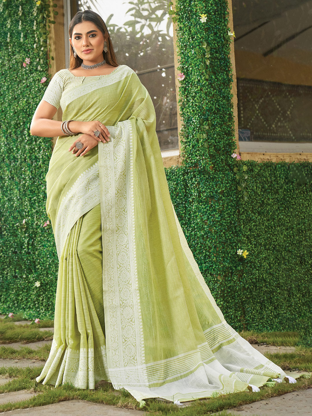 Lime Green woven linen saree with blouse piece