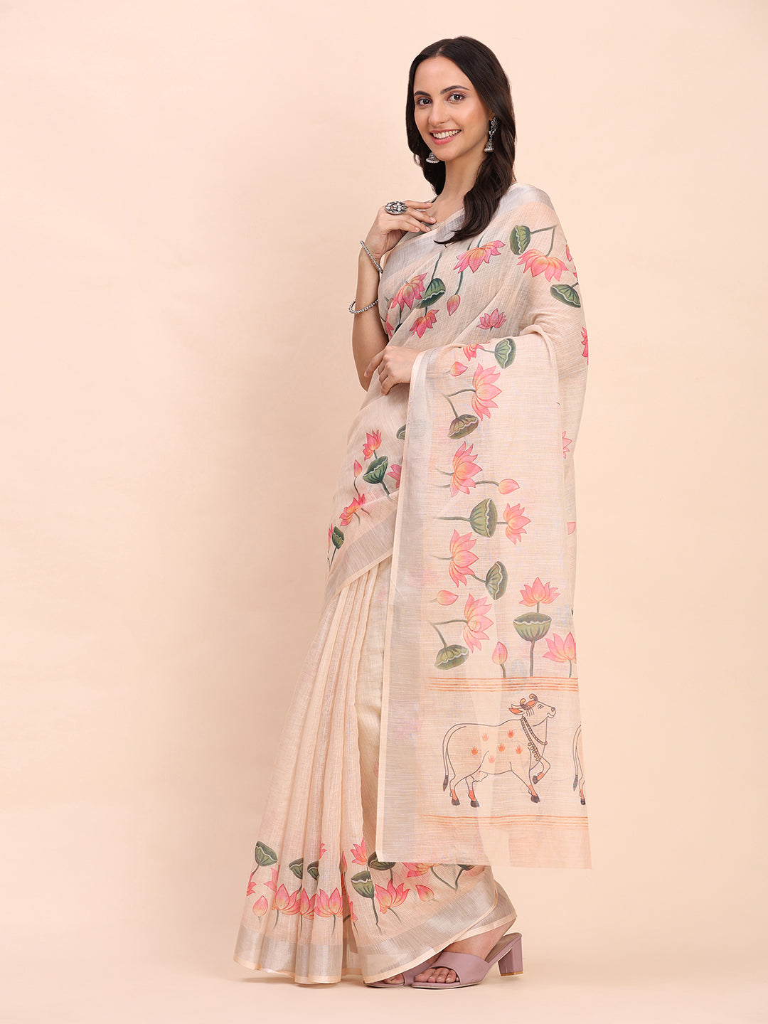Premium Printed Cotton Linen Saree with Ethnic Designer Pallu & Border-peach