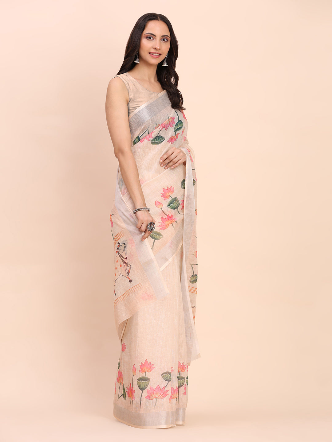 Premium Printed Cotton Linen Saree with Ethnic Designer Pallu & Border-peach