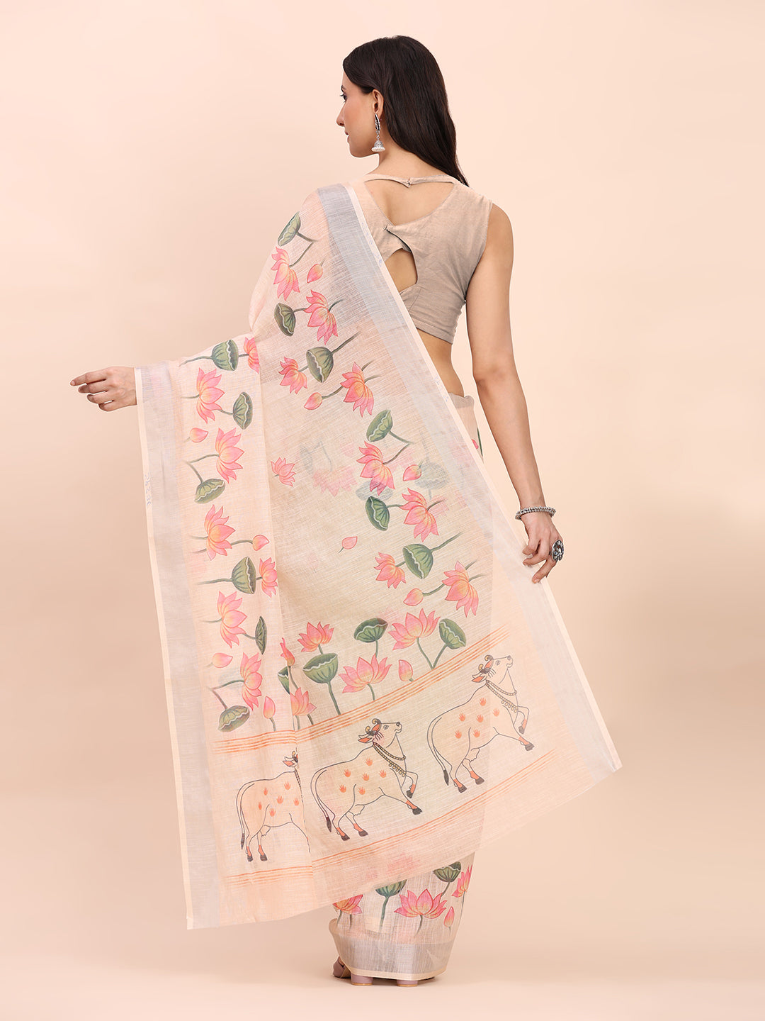Premium Printed Cotton Linen Saree with Ethnic Designer Pallu & Border-peach