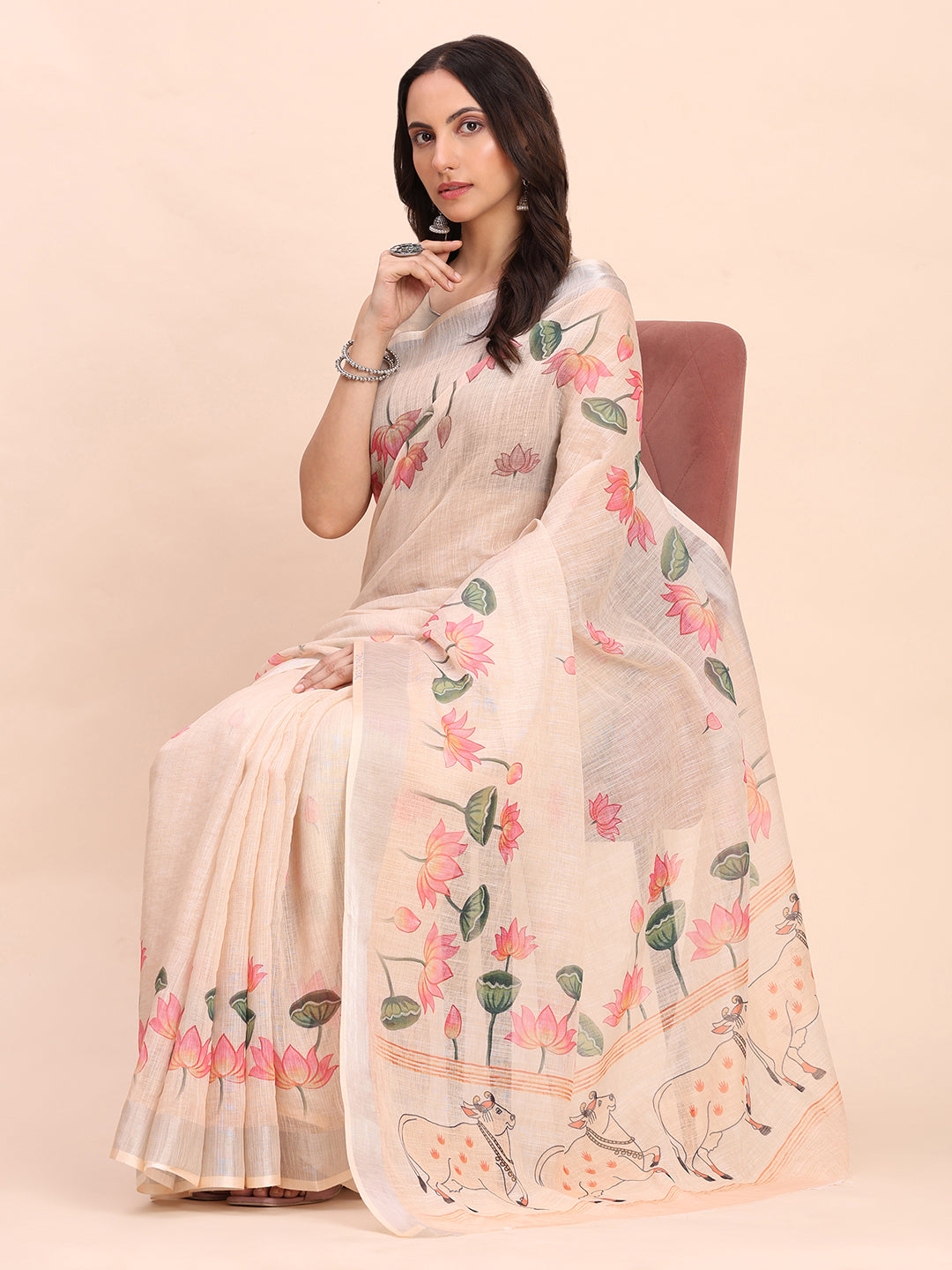 Premium Printed Cotton Linen Saree with Ethnic Designer Pallu & Border-peach