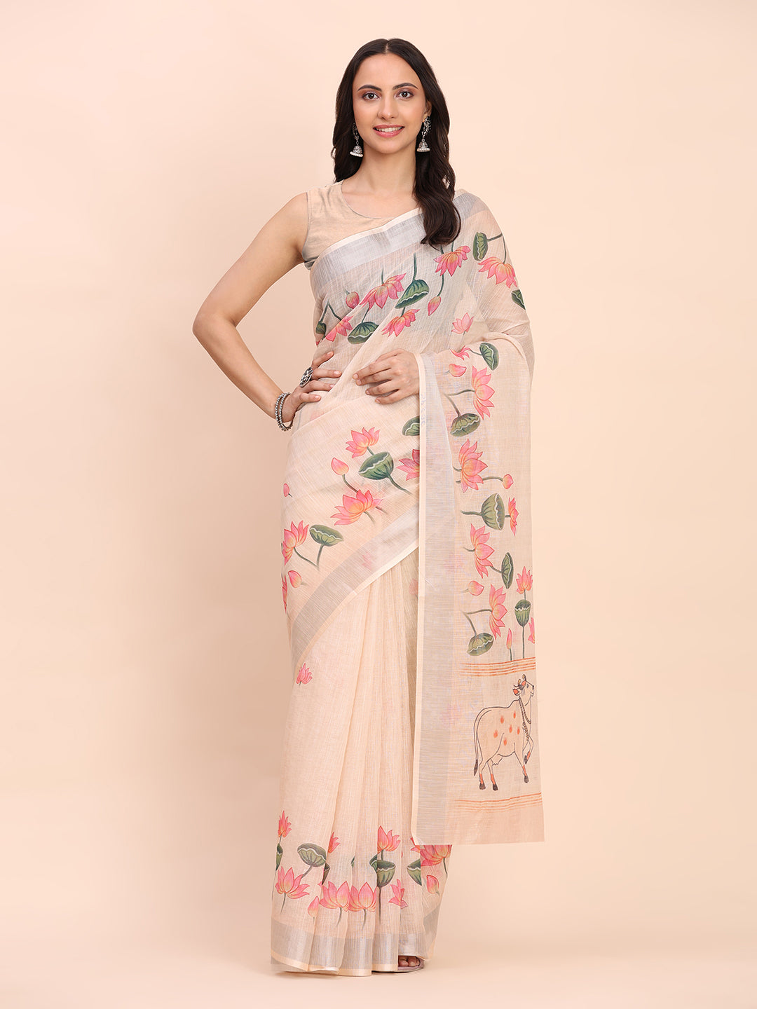 Premium Printed Cotton Linen Saree with Ethnic Designer Pallu & Border-peach