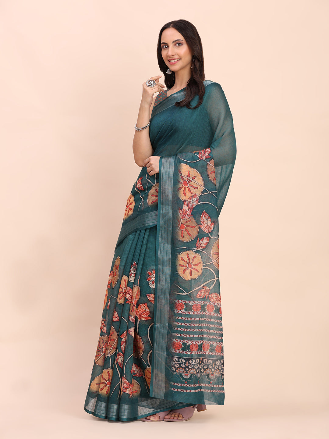 Premium Printed Cotton Linen Saree with Ethnic Designer Pallu & Border-tealblue