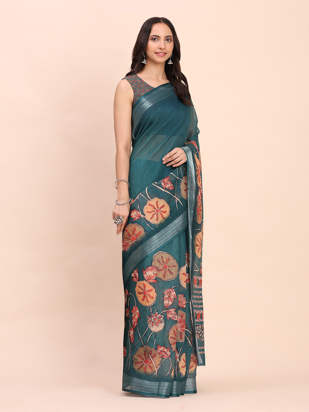 Premium Printed Cotton Linen Saree with Ethnic Designer Pallu & Border-tealblue