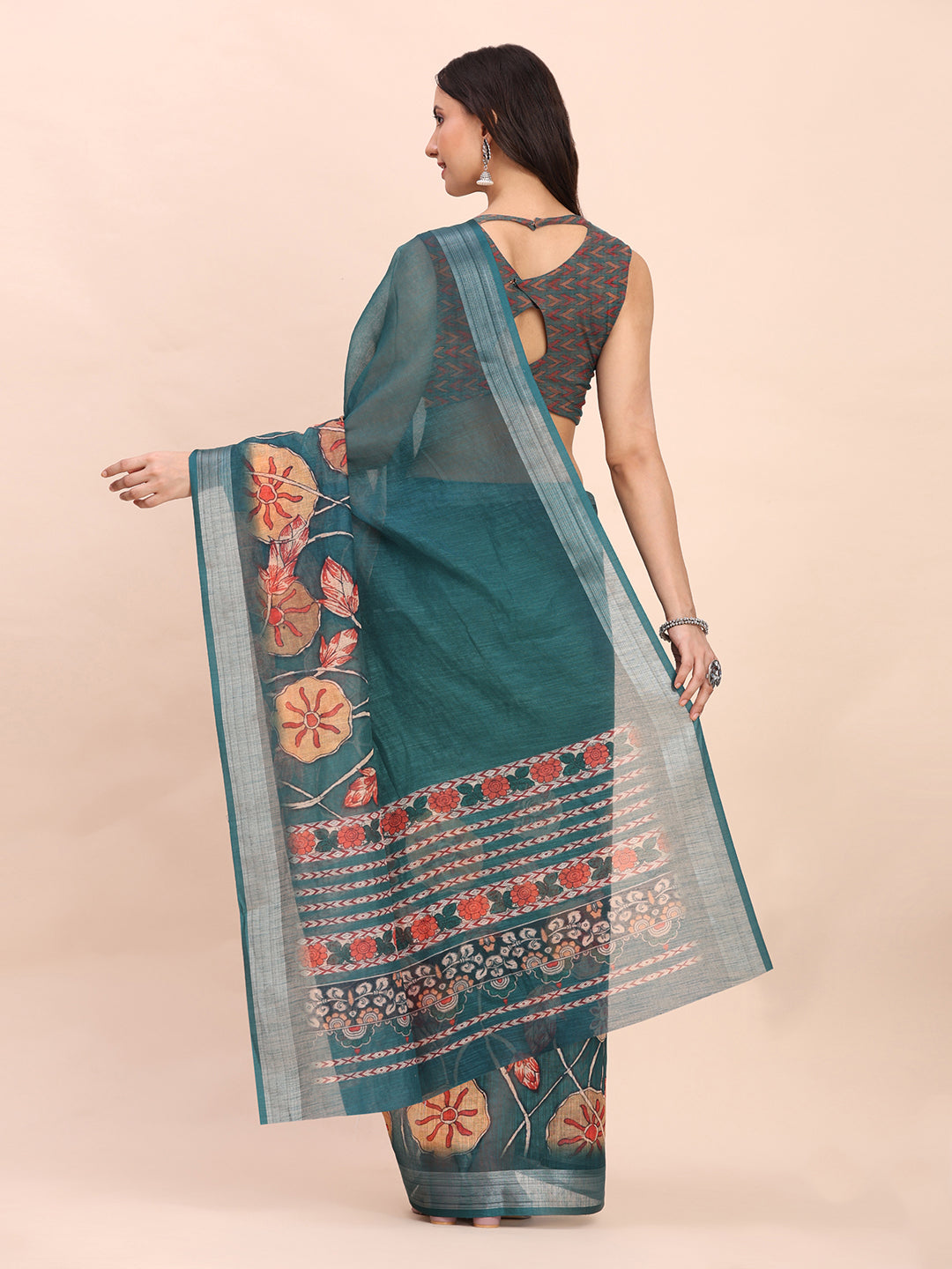 Premium Printed Cotton Linen Saree with Ethnic Designer Pallu & Border-tealblue