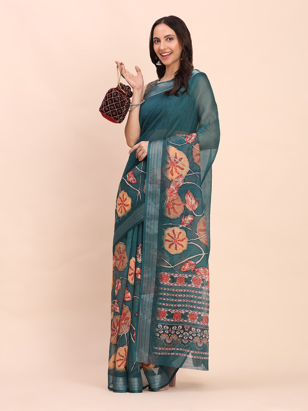 Premium Printed Cotton Linen Saree with Ethnic Designer Pallu & Border-tealblue