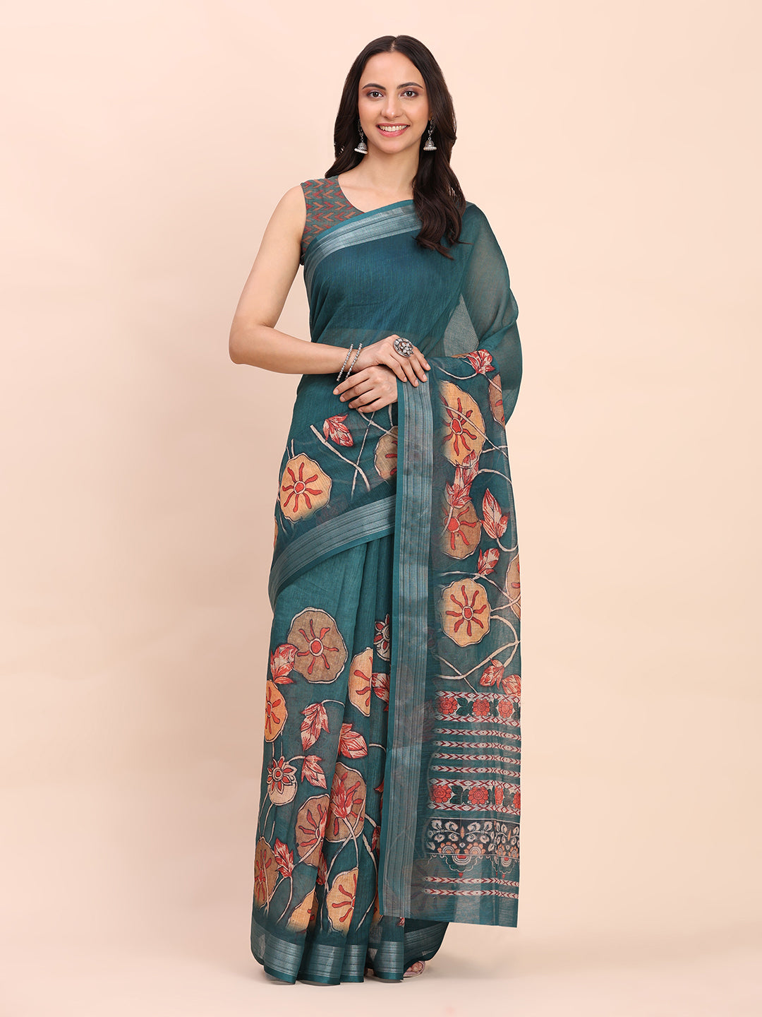 Premium Printed Cotton Linen Saree with Ethnic Designer Pallu & Border-tealblue