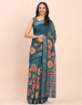 Premium Printed Cotton Linen Saree with Ethnic Designer Pallu & Border-tealblue