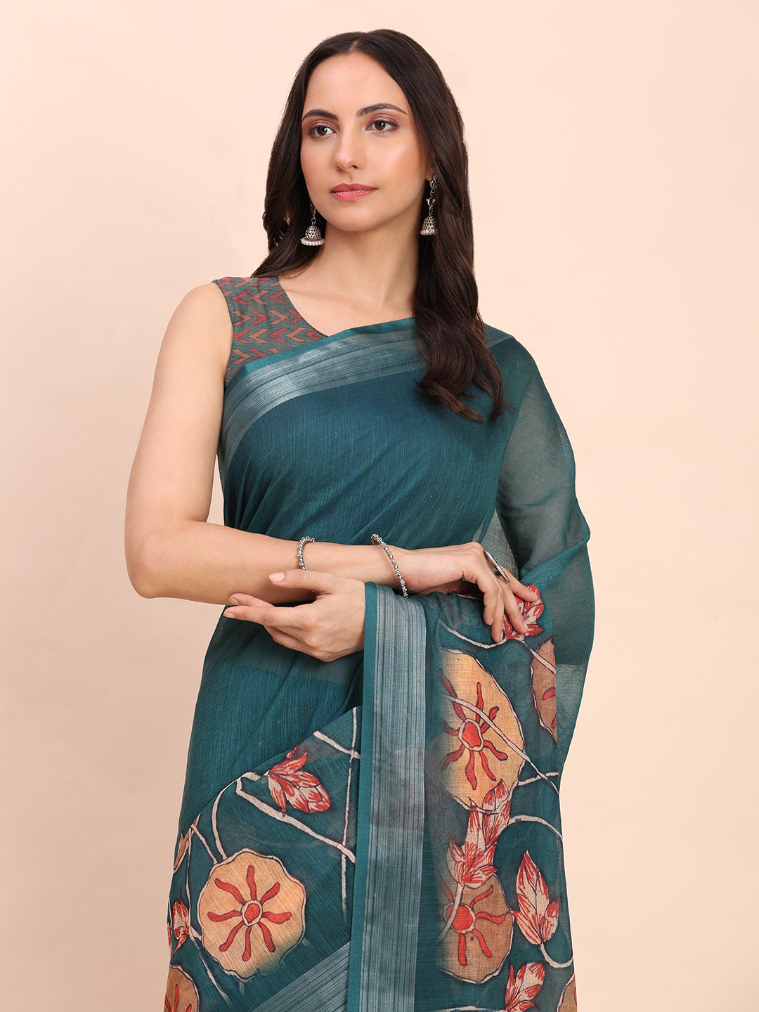 Premium Printed Cotton Linen Saree with Ethnic Designer Pallu & Border-tealblue