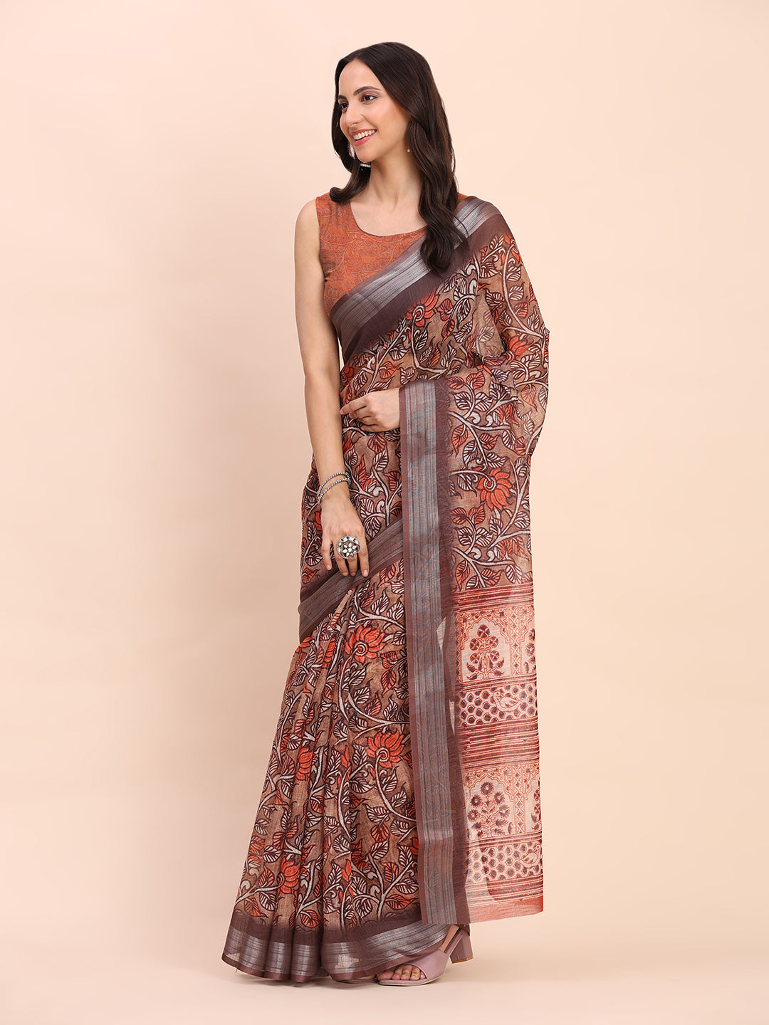 Premium Printed Cotton Linen Saree with Ethnic Designer Pallu & Border-brown