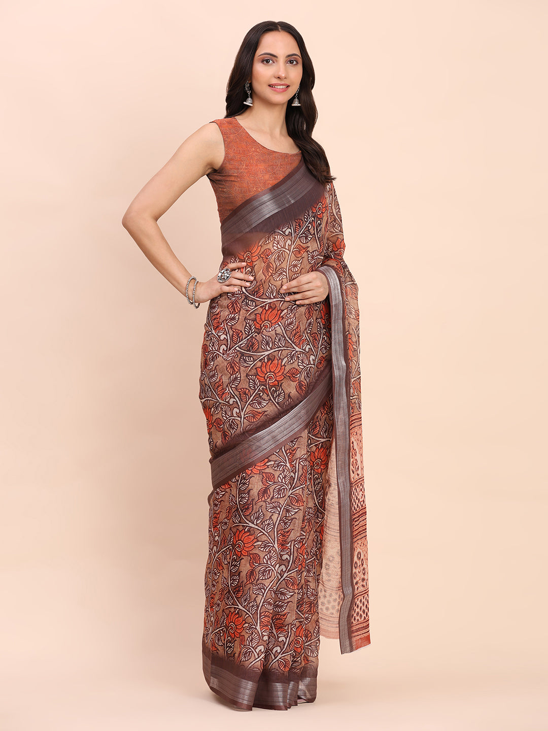 Premium Printed Cotton Linen Saree with Ethnic Designer Pallu & Border-brown