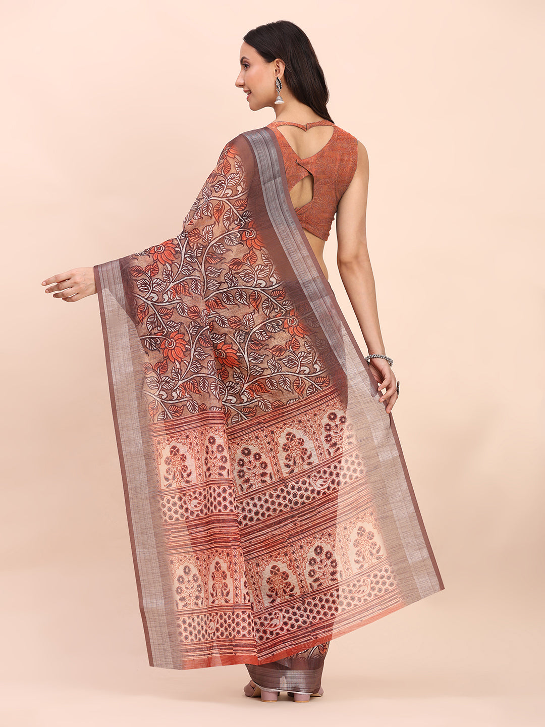 Premium Printed Cotton Linen Saree with Ethnic Designer Pallu & Border-brown