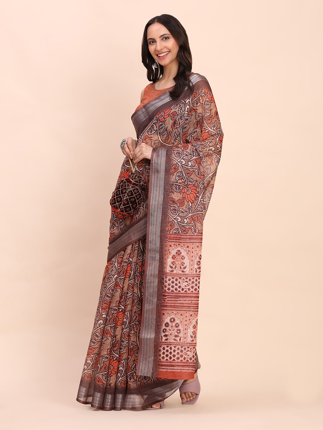 Premium Printed Cotton Linen Saree with Ethnic Designer Pallu & Border-brown