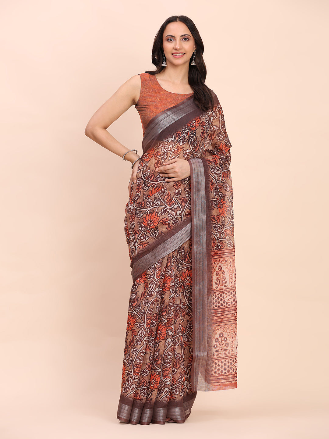 Premium Printed Cotton Linen Saree with Ethnic Designer Pallu & Border-brown