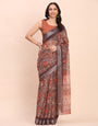 Premium Printed Cotton Linen Saree with Ethnic Designer Pallu & Border-brown