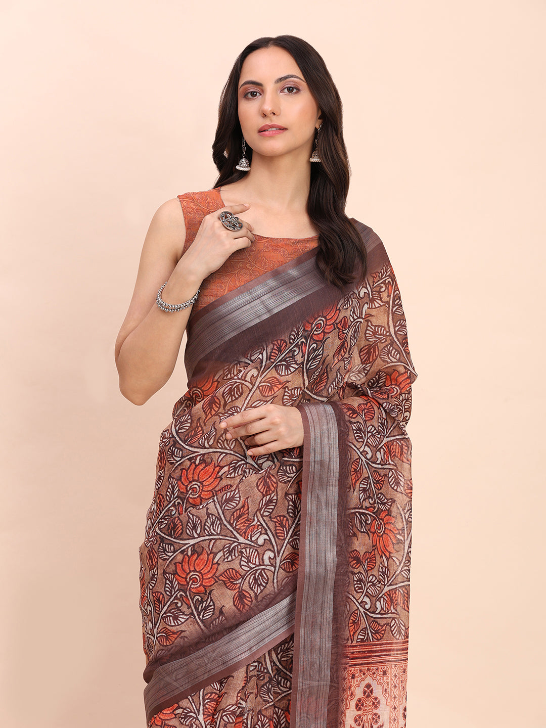 Premium Printed Cotton Linen Saree with Ethnic Designer Pallu & Border-brown