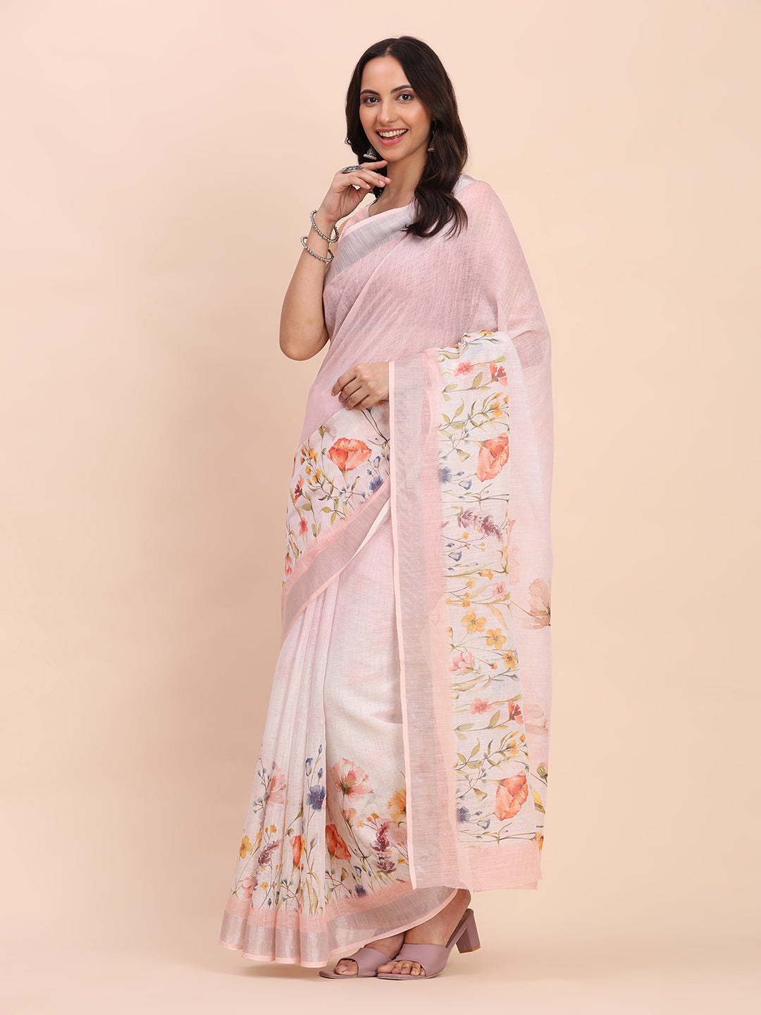 Premium Printed Cotton Linen Saree with Ethnic Designer Pallu & Border-lightpink