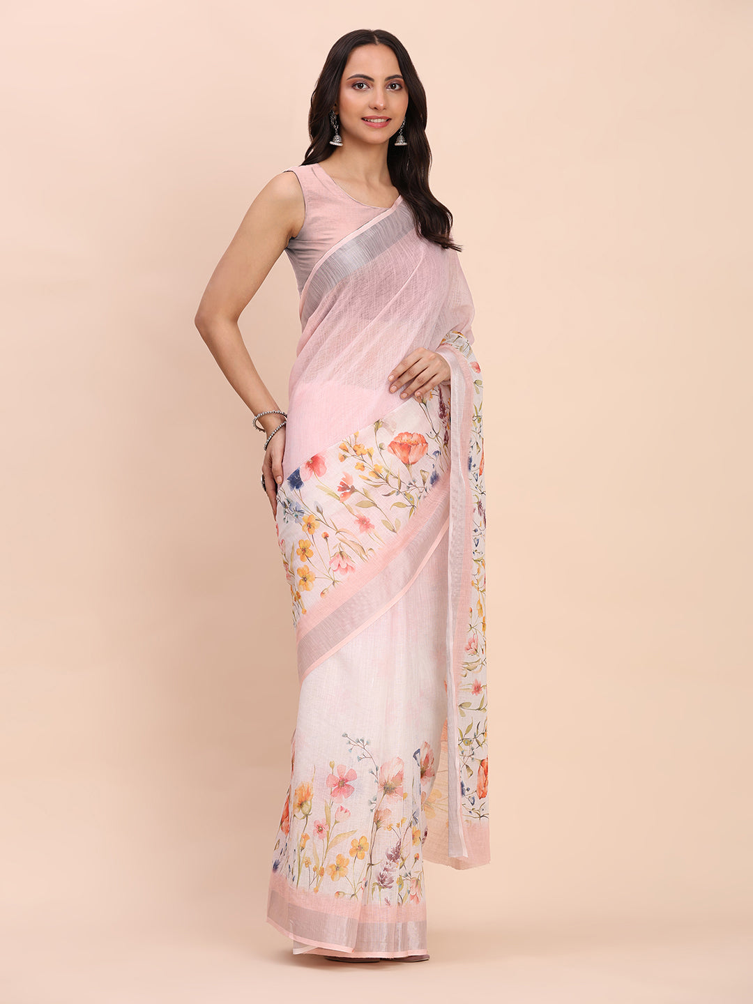 Premium Printed Cotton Linen Saree with Ethnic Designer Pallu & Border-lightpink