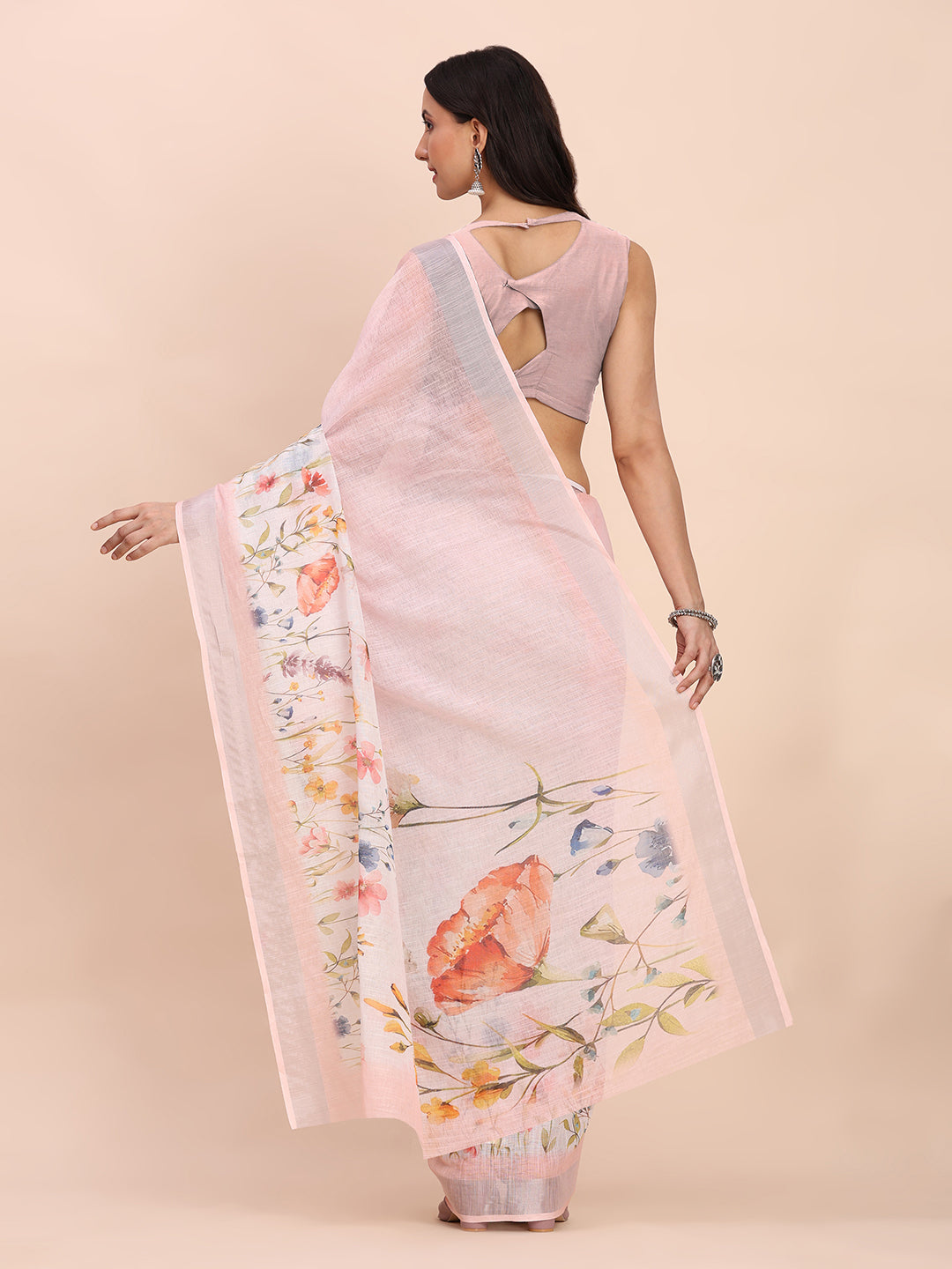 Premium Printed Cotton Linen Saree with Ethnic Designer Pallu & Border-lightpink