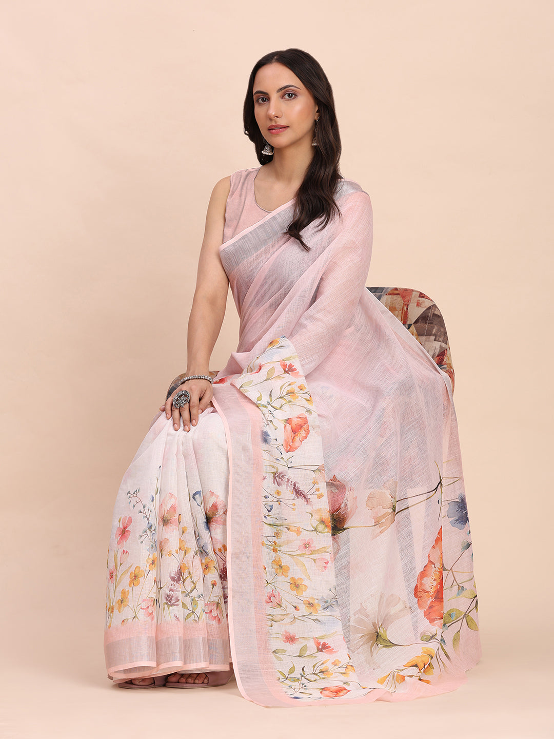 Premium Printed Cotton Linen Saree with Ethnic Designer Pallu & Border-lightpink