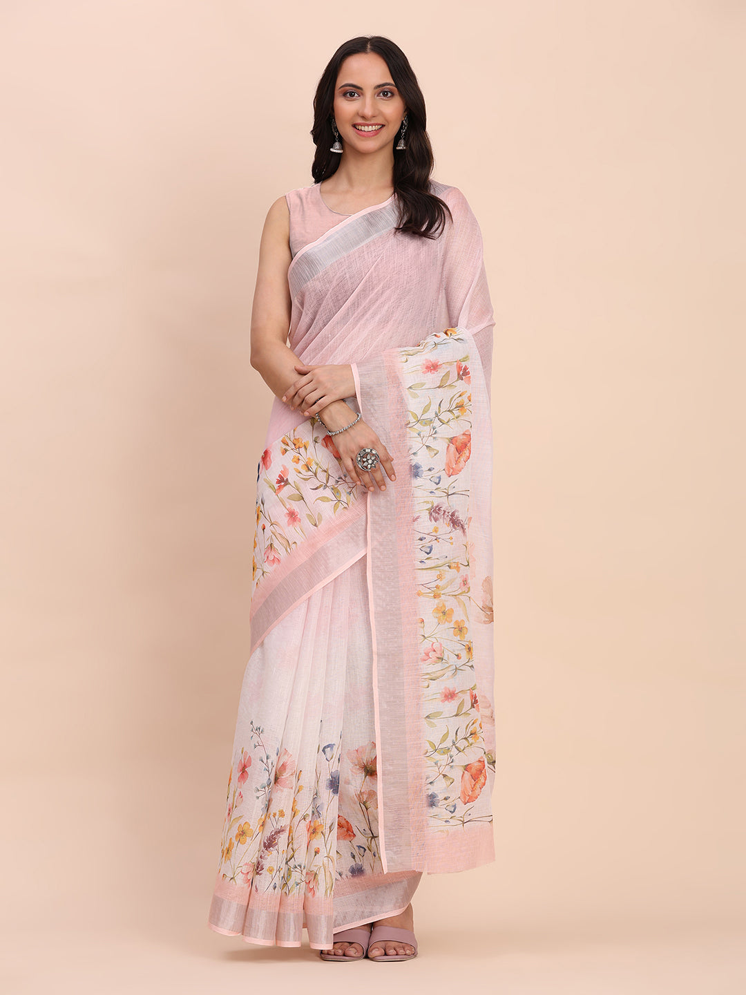 Premium Printed Cotton Linen Saree with Ethnic Designer Pallu & Border-lightpink