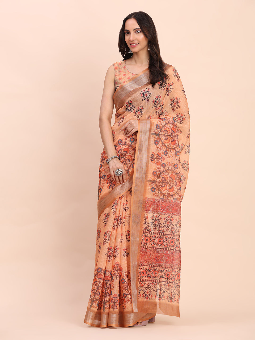 Premium Printed Cotton Linen Saree with Ethnic Designer Pallu & Border-orange