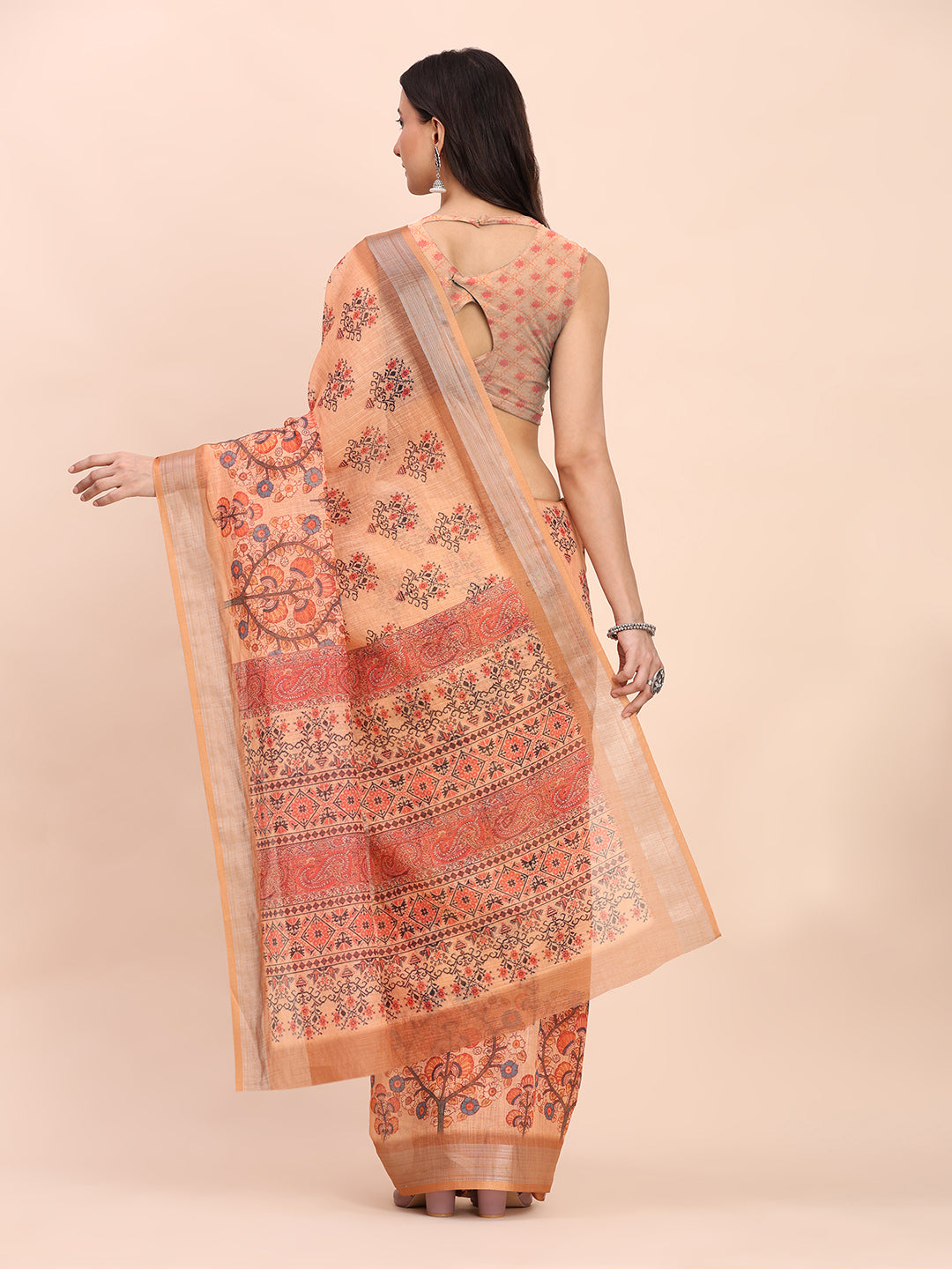 Premium Printed Cotton Linen Saree with Ethnic Designer Pallu & Border-orange