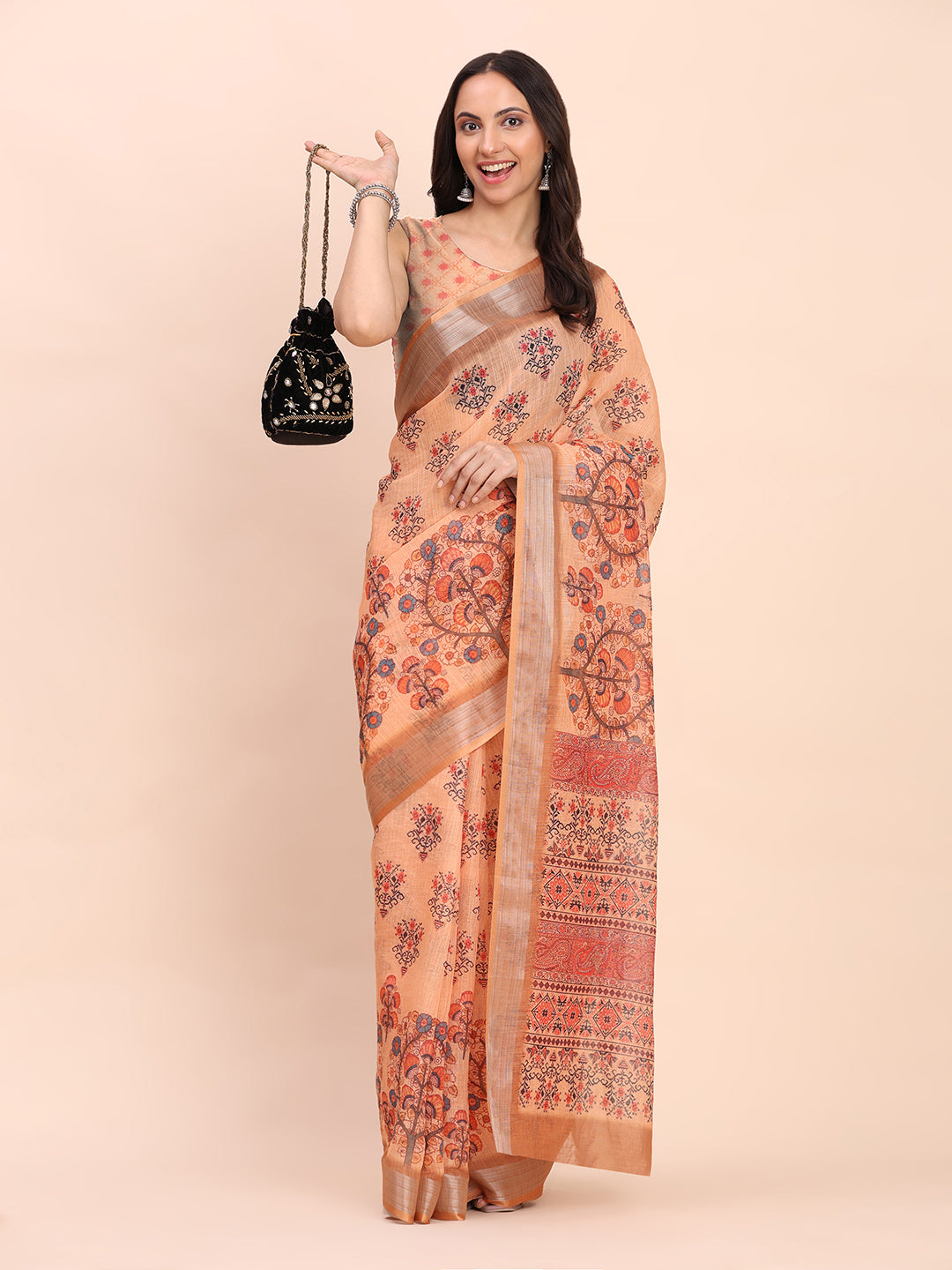 Premium Printed Cotton Linen Saree with Ethnic Designer Pallu & Border-orange