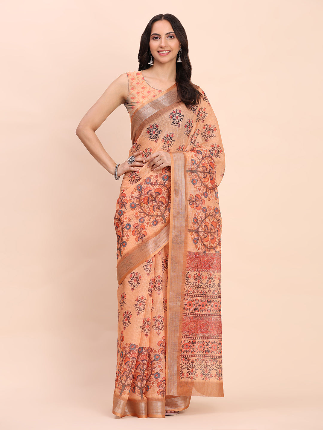 Premium Printed Cotton Linen Saree with Ethnic Designer Pallu & Border-orange
