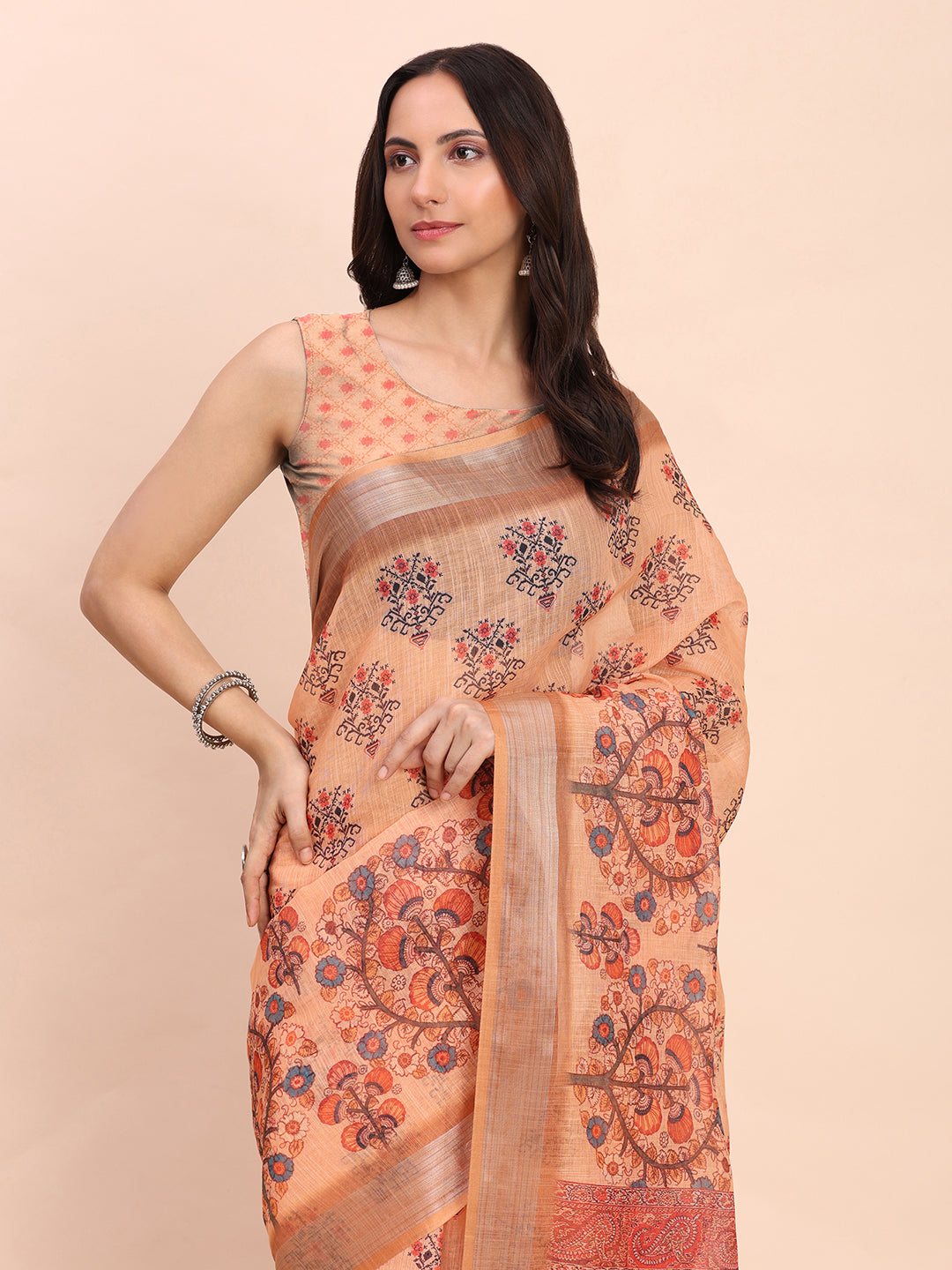 Premium Printed Cotton Linen Saree with Ethnic Designer Pallu & Border-orange