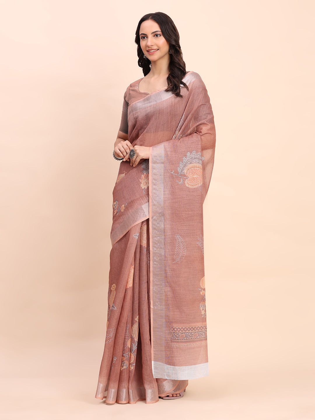 Premium Printed Cotton Linen Saree with Ethnic Designer Pallu & Border-Brown
