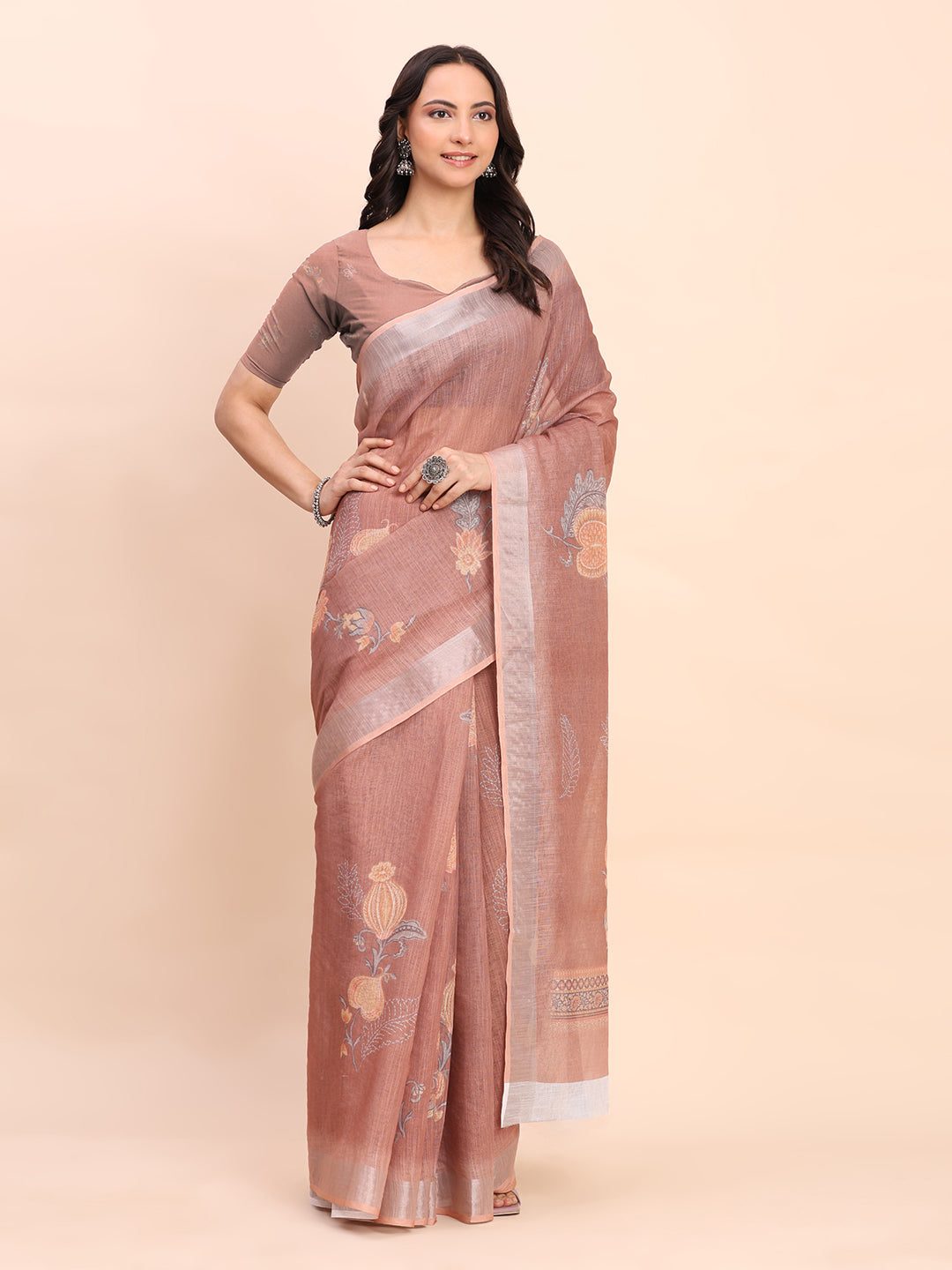 Premium Printed Cotton Linen Saree with Ethnic Designer Pallu & Border-Brown