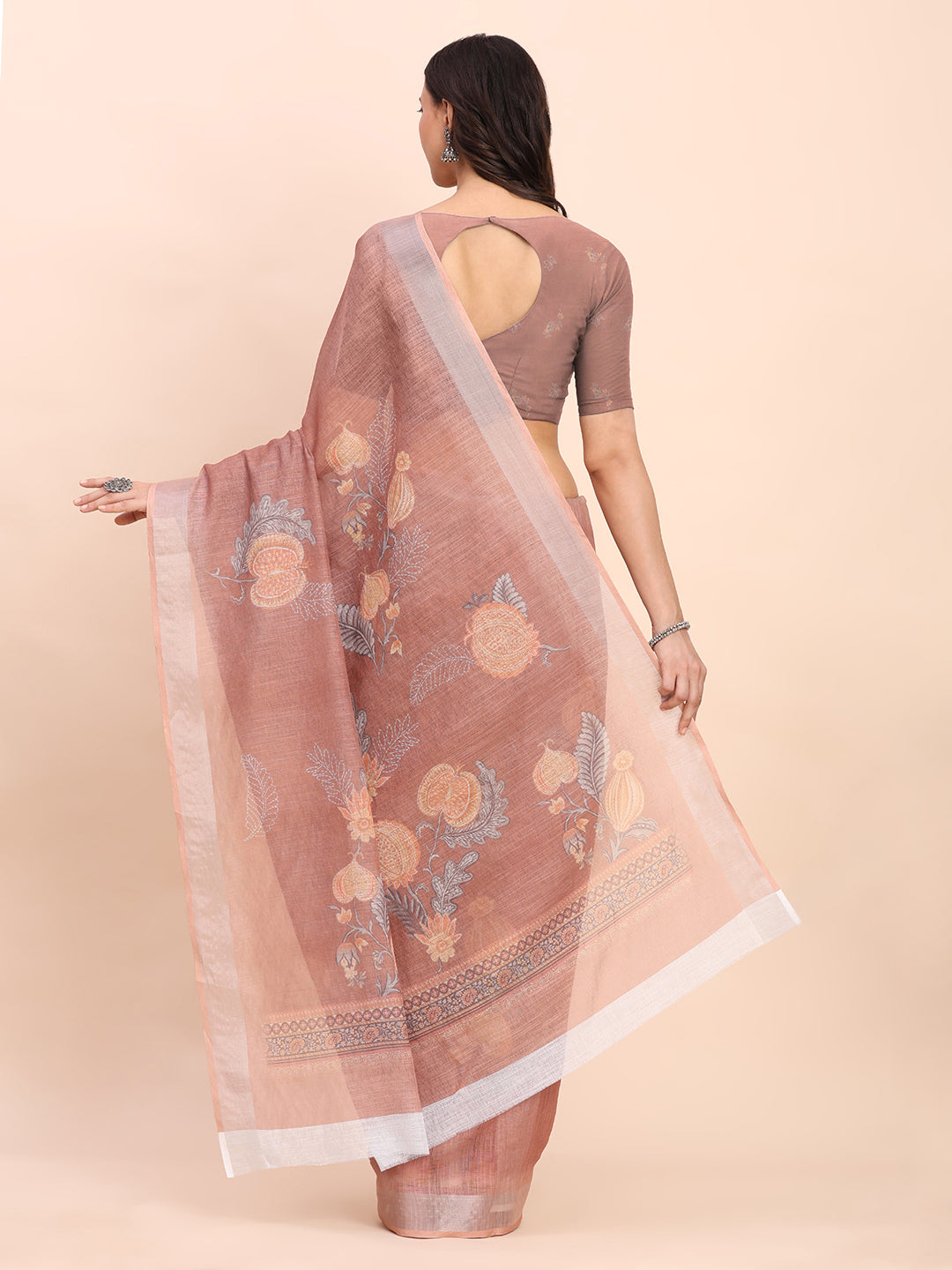 Premium Printed Cotton Linen Saree with Ethnic Designer Pallu & Border-Brown