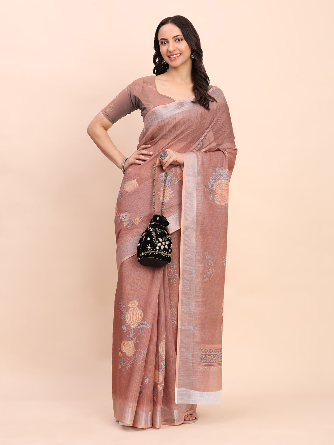 Premium Printed Cotton Linen Saree with Ethnic Designer Pallu & Border-Brown