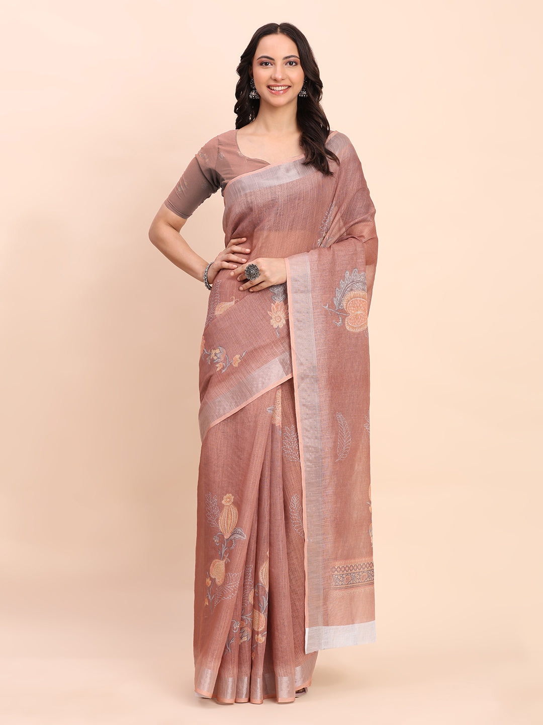 Premium Printed Cotton Linen Saree with Ethnic Designer Pallu & Border-Brown